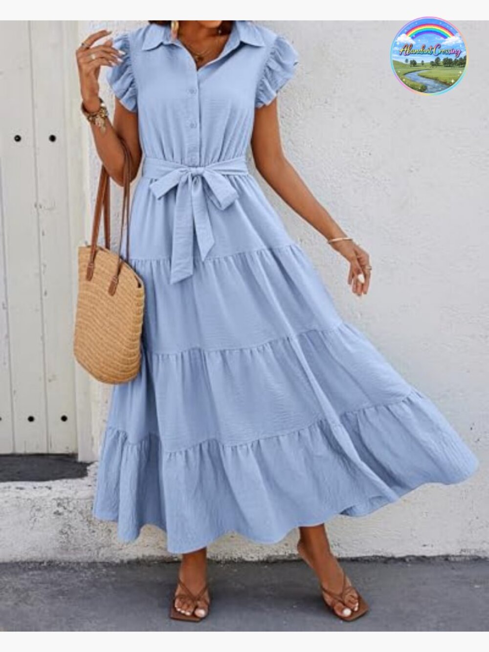Cap Ruffle Sleeve V Neck Button Tiered Boho Maxi Dress with Pockets - Picture 3 of 7